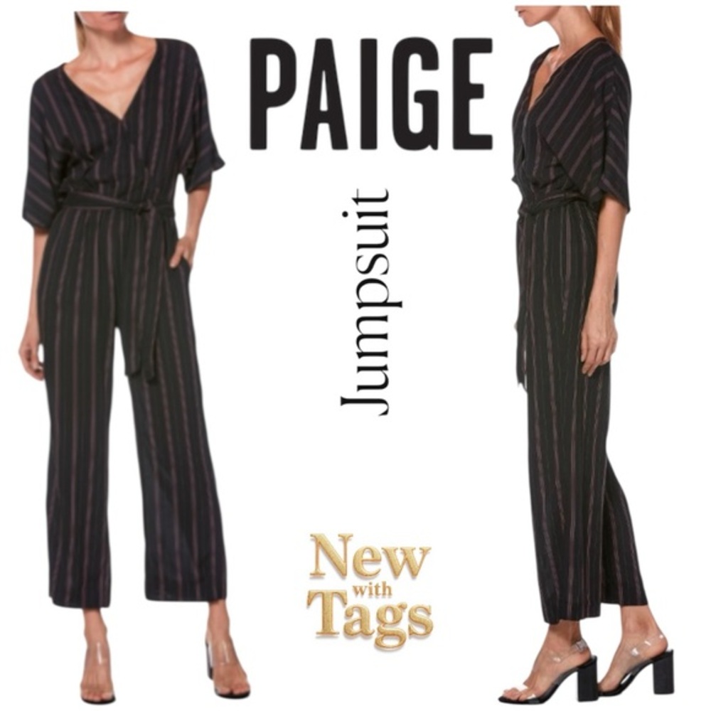 PAIGE Black and Red Jumpsuit with Belted Waist Striped “Vanette” Large